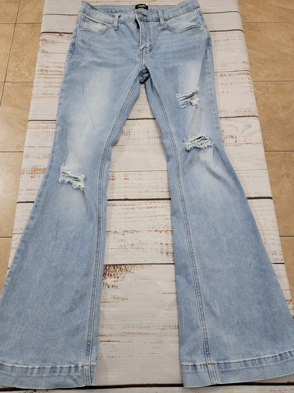 Light Blue Distressed Flare Jeans - Women